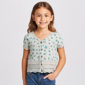 Justice Lace Trimmed Floral Tee Button Up White Blue XS